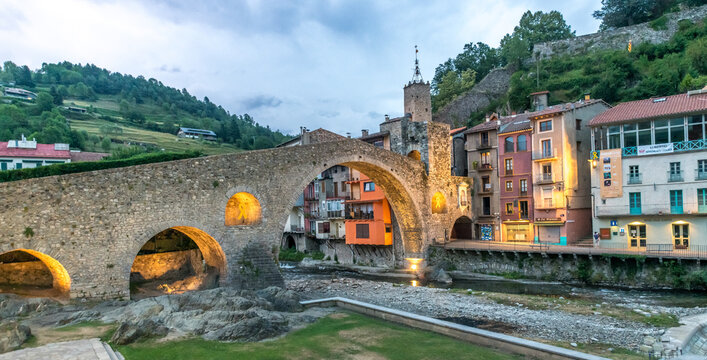 Camprodon, the medieval town and the old bridge in Catalonia Spain, seen at sunset