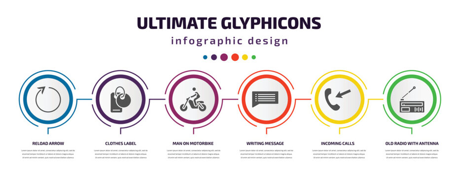 ultimate glyphicons infographic element with filled icons and 6 step or option. ultimate glyphicons icons such as reload arrow, clothes label, man on motorbike, writing message, incoming calls, old