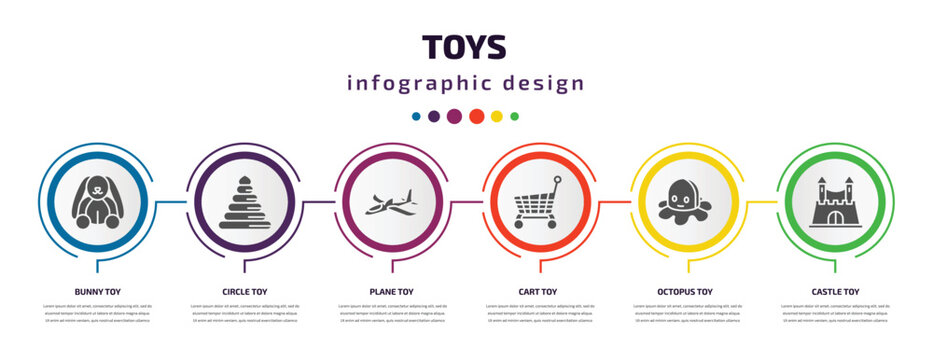 toys infographic element with filled icons and 6 step or option. toys icons such as bunny toy, circle toy, plane toy, cart octopus castle vector. can be used for banner, info graph, web.