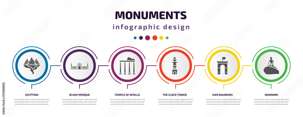 Poster monuments infographic element with filled icons and 6 step or option. monuments icons such as egypti
