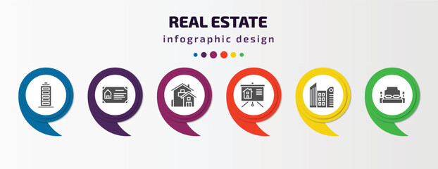 real estate infographic element with filled icons and 6 step or option. real estate icons such as facade, certification, mansion, slides, skyscraper, bedroom vector. can be used for banner, info