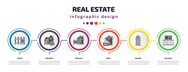 real estate infographic element with filled icons and 6 step or option. real estate icons such as fence, for rent, for sale, rent, facade, balcony vector. can be used for banner, info graph, web.