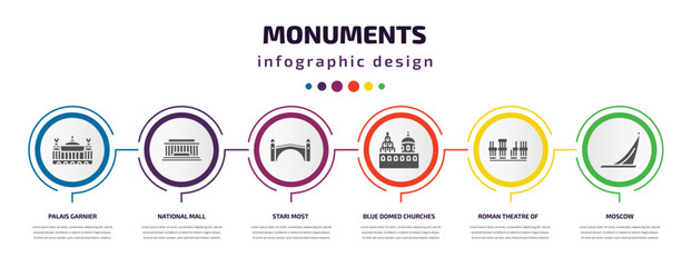 monuments infographic element with filled icons and 6 step or option. monuments icons such as palais garnier, national mall, stari most, blue domed churches, roman theatre of merida, moscow vector.