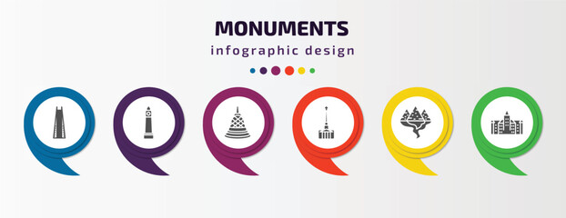 monuments infographic element with filled icons and 6 step or option. monuments icons such as the, clock tower, borobudur, cathedral, egyptian, bran castle vector. can be used for banner, info