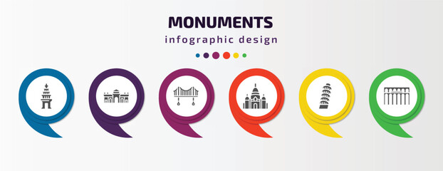 monuments infographic element with filled icons and 6 step or option. monuments icons such as cambodia, alcala gate, vincent thomas bridge, , tower of pisa, segovia aqueduct vector. can be used for