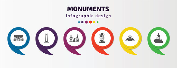 monuments infographic element with filled icons and 6 step or option. monuments icons such as abu simbel, circle, bridge of the west, moia statues, pyramid of the magician, denmark vector. can be - obrazy, fototapety, plakaty