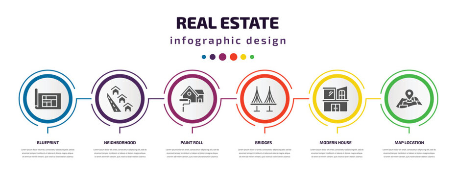 real estate infographic element with filled icons and 6 step or option. real estate icons such as blueprint, neighborhood, paint roll, bridges, modern house, map location vector. can be used for