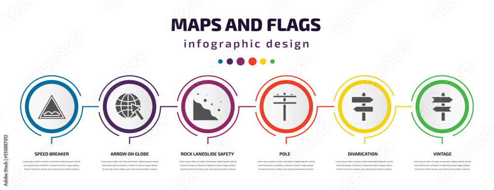Poster maps and flags infographic element with filled icons and 6 step or option. maps and flags icons such