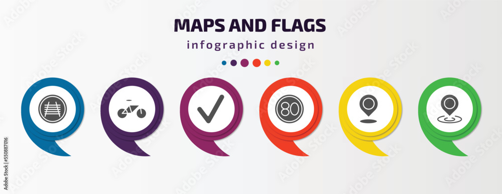 Poster maps and flags infographic element with filled icons and 6 step or option. maps and flags icons such