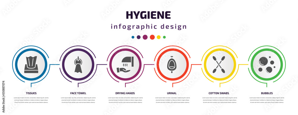 Poster hygiene infographic element with filled icons and 6 step or option. hygiene icons such as tissues, f