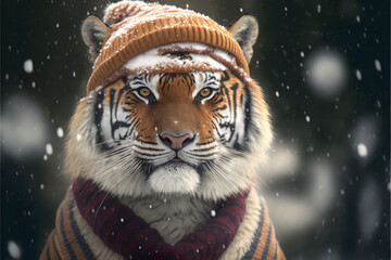 tiger with santa hat, in a snowy christmas, tiger in the snow, christmas wallpaper