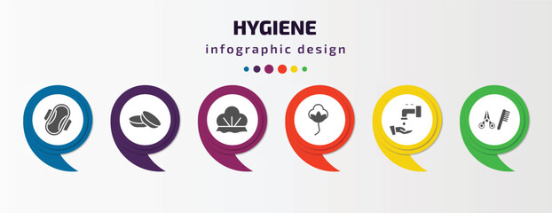 hygiene infographic element with filled icons and 6 step or option. hygiene icons such as sanitary napkin, lens, shower cap, cotton, ablution, grooming vector. can be used for banner, info graph,