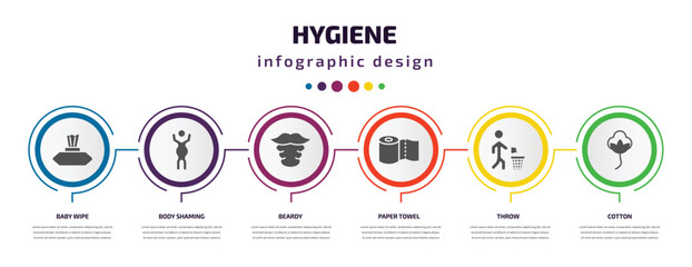hygiene infographic element with filled icons and 6 step or option. hygiene icons such as baby wipe, body shaming, beardy, paper towel, throw, cotton vector. can be used for banner, info graph, web.