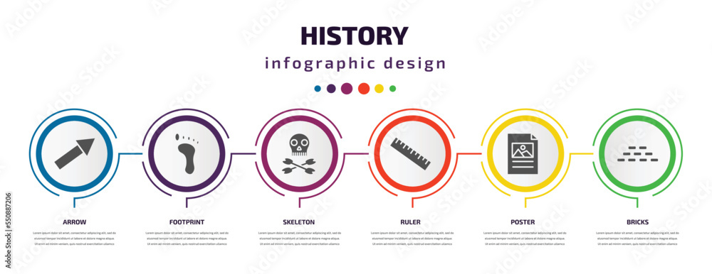 Poster history infographic element with filled icons and 6 step or option. history icons such as arrow, foo
