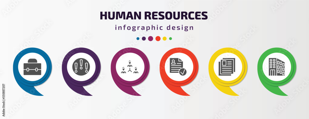 Poster human resources infographic element with filled icons and 6 step or option. human resources icons su