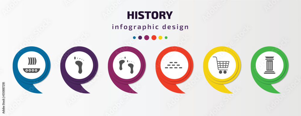 Poster history infographic element with filled icons and 6 step or option. history icons such as viking shi