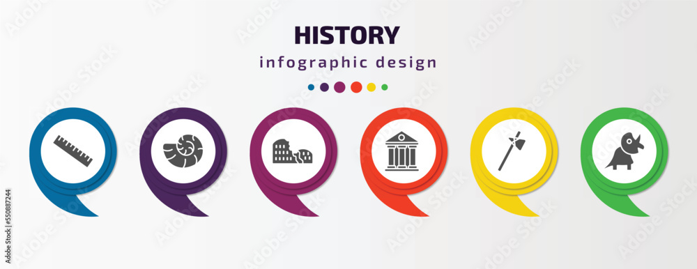 Poster history infographic element with filled icons and 6 step or option. history icons such as ruler, fos