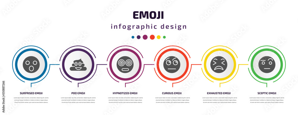 Poster emoji infographic element with filled icons and 6 step or option. emoji icons such as surprised emoj