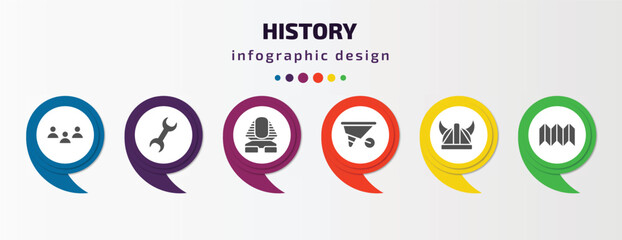 history infographic element with filled icons and 6 step or option. history icons such as staff, tool, sphinx, wheelbarrow, viking helmet, trifold vector. can be used for banner, info graph, web.