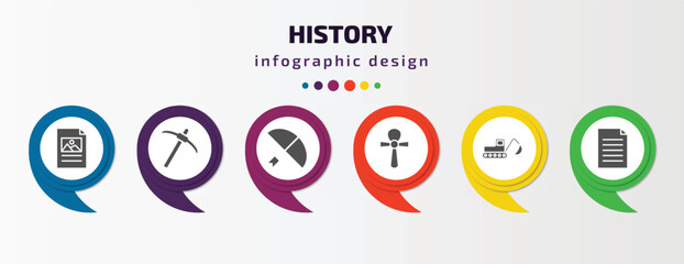 history infographic element with filled icons and 6 step or option. history icons such as poster, pick, arc, egypt, digger, paper vector. can be used for banner, info graph, web.