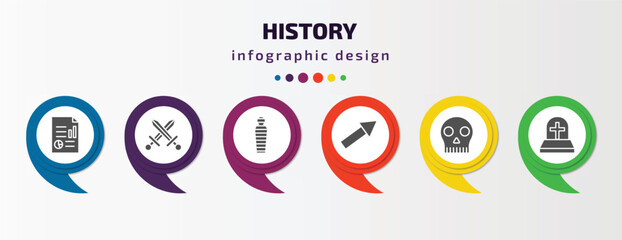 history infographic element with filled icons and 6 step or option. history icons such as report, swords, mummy, arrow, skull, tomb vector. can be used for banner, info graph, web.