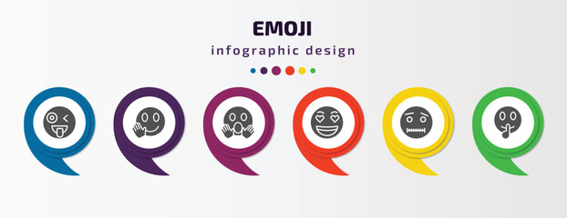 emoji infographic element with filled icons and 6 step or option. emoji icons such as crazy emoji, hello yelling love quiet shushing vector. can be used for banner, info graph, web.