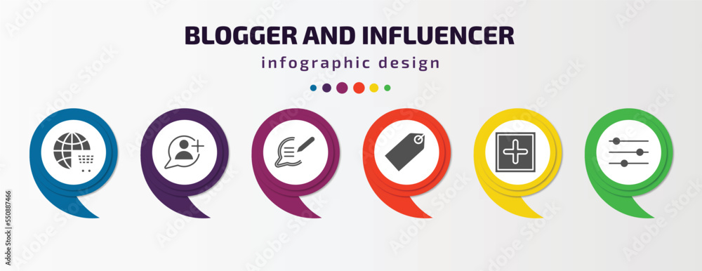 Poster blogger and influencer infographic element with filled icons and 6 step or option. blogger and influ