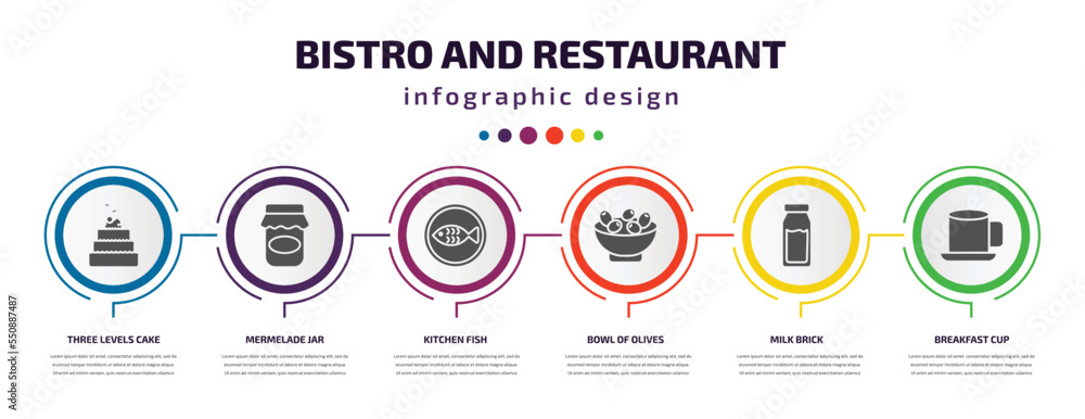Wall mural bistro and restaurant infographic element with filled icons and 6 step or option. bistro and restaurant icons such as three levels cake, mermelade jar, kitchen fish, bowl of olives, milk brick, - Wall murals