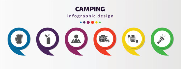 camping infographic element with filled icons and 6 step or option. camping icons such as carabiner, lighter, mountain, camper, inflatable boat, flashlight vector. can be used for banner, info