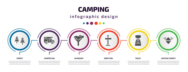 camping infographic element with filled icons and 6 step or option. camping icons such as forest, camper van, slingshot, direction, toilet, hunting trophy vector. can be used for banner, info graph,