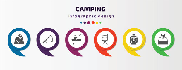 camping infographic element with filled icons and 6 step or option. camping icons such as map, fishing rod, rafting, folding chair, lamp, tissue vector. can be used for banner, info graph, web.