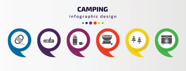 camping infographic element with filled icons and 6 step or option. camping icons such as rope, log, thermos, grill, forest, freezer vector. can be used for banner, info graph, web.