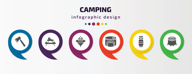 camping infographic element with filled icons and 6 step or option. camping icons such as hatchet, camp table, explorer hat, canned food, cooking gas, stump vector. can be used for banner, info