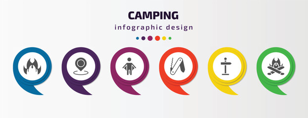 camping infographic element with filled icons and 6 step or option. camping icons such as gas, location, wingsuit, swiss knife, direction, bonfire vector. can be used for banner, info graph, web.