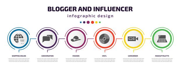 blogger and influencer infographic element with filled icons and 6 step or option. blogger and influencer icons such as shopping online, conversation, fashion, vinyl, camcorder, makeup palette