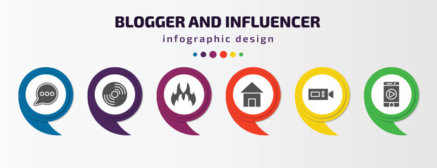 blogger and influencer infographic element with filled icons and 6 step or option. blogger and influencer icons such as comment, vinyl, fire, home, camcorder, mobile video vector. can be used for