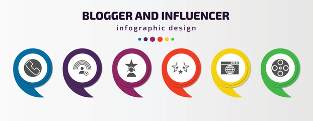 blogger and influencer infographic element with filled icons and 6 step or option. blogger and influencer icons such as phone, influencer, fame, rating, browser, film reel vector. can be used for