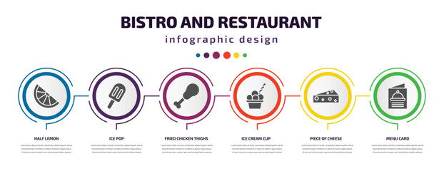 bistro and restaurant infographic element with filled icons and 6 step or option. bistro and restaurant icons such as half lemon, ice pop, fried chicken thighs, ice cream cup, piece of cheese, menu