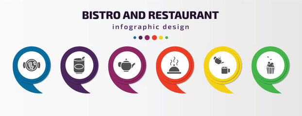 bistro and restaurant infographic element with filled icons and 6 step or option. bistro and restaurant icons such as combine meal, mermelade tin, vintage teapot, tray cover, pouring coffe, cupcake