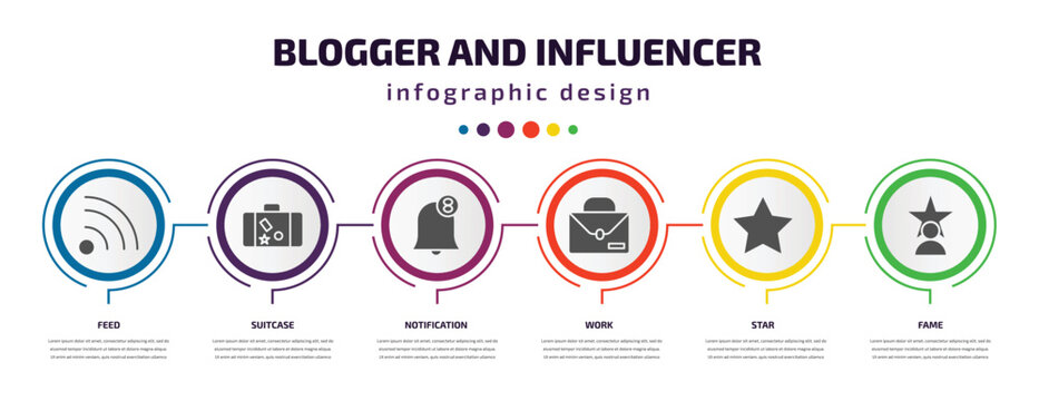 blogger and influencer infographic element with filled icons and 6 step or option. blogger and influencer icons such as feed, suitcase, notification, work, star, fame vector. can be used for banner,