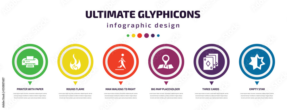 Poster ultimate glyphicons infographic element with filled icons and 6 step or option. ultimate glyphicons 