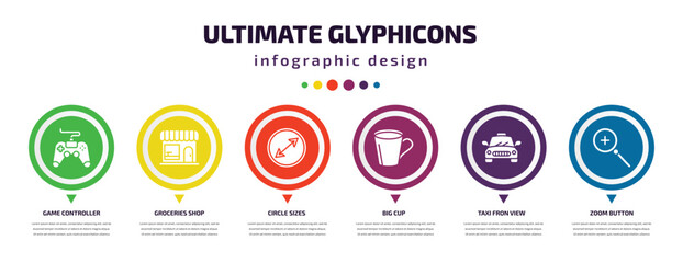 ultimate glyphicons infographic element with filled icons and 6 step or option. ultimate glyphicons icons such as game controller cross, groceries shop, circle sizes, big cup, taxi fron view, zoom