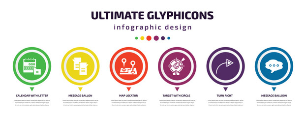 ultimate glyphicons infographic element with filled icons and 6 step or option. ultimate glyphicons icons such as calendar with letter x, message ballon, map locator, target with circle, turn right,