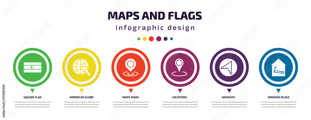 Poster maps and flags infographic element with filled icons and 6 step or option. maps and flags icons such