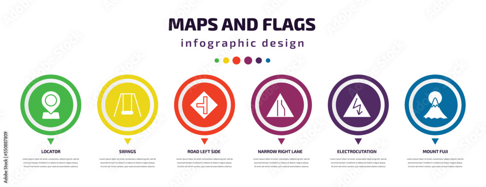 Poster maps and flags infographic element with filled icons and 6 step or option. maps and flags icons such