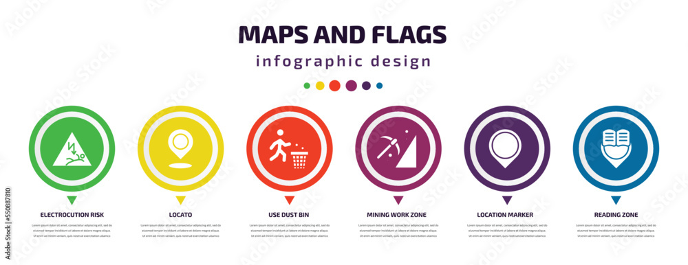 Poster maps and flags infographic element with filled icons and 6 step or option. maps and flags icons such