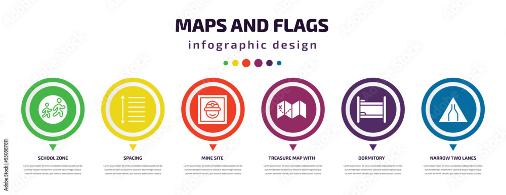 Poster maps and flags infographic element with filled icons and 6 step or option. maps and flags icons such