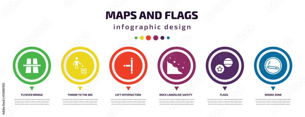 Poster maps and flags infographic element with filled icons and 6 step or option. maps and flags icons such