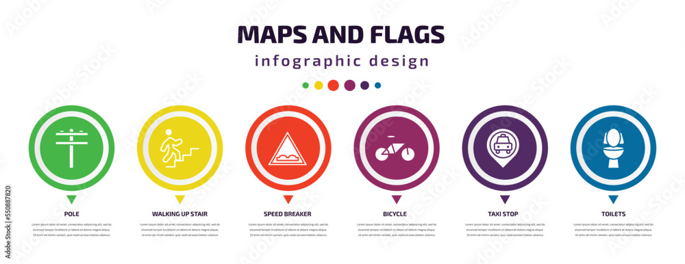 Poster maps and flags infographic element with filled icons and 6 step or option. maps and flags icons such