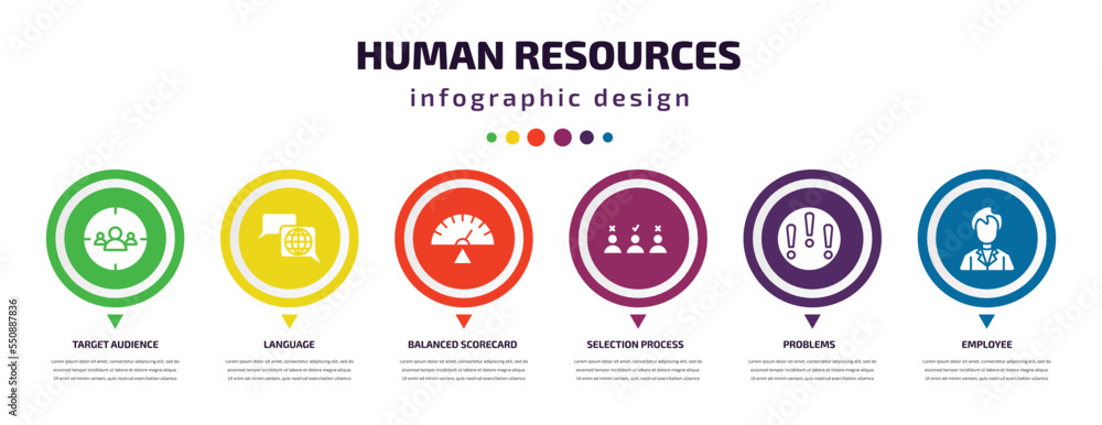 Poster human resources infographic element with filled icons and 6 step or option. human resources icons su